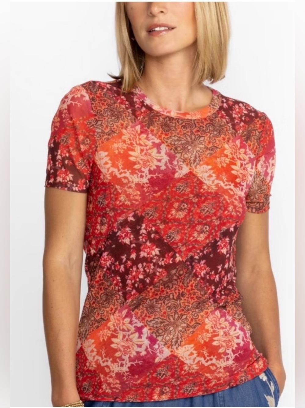 Johnny Was Short-Sleeve Patchwork Floral Tee in Red-Orange Multi, XL